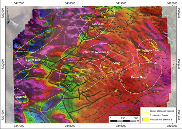 Fig 1 - Reduced to Pole MAG Map Showing Structures Identified in and Around the Oculto Area