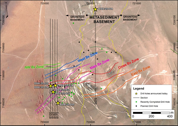 Drill Hole Location Map and Proposed Drill Holes in the Oculto Zone and Satellite Areas